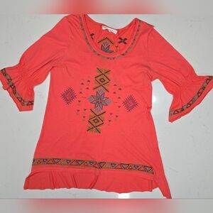 Urban Mangoz Top Womens Orange Embroidered BoHo 1/4‎ Sleeve Top